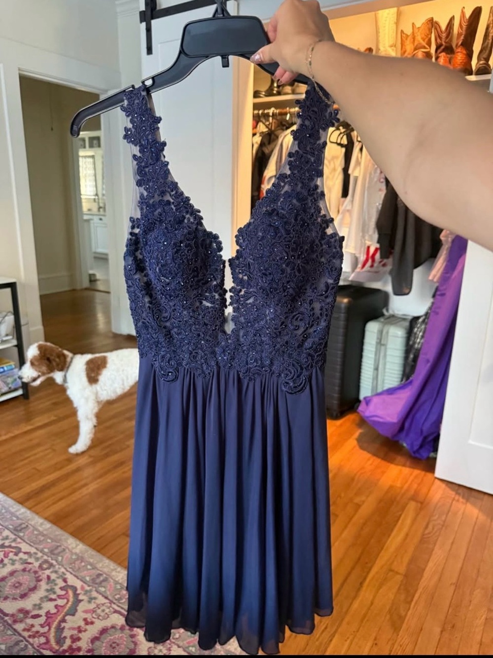 Sherri Hill Navy Lace Appliqué Midi Dress